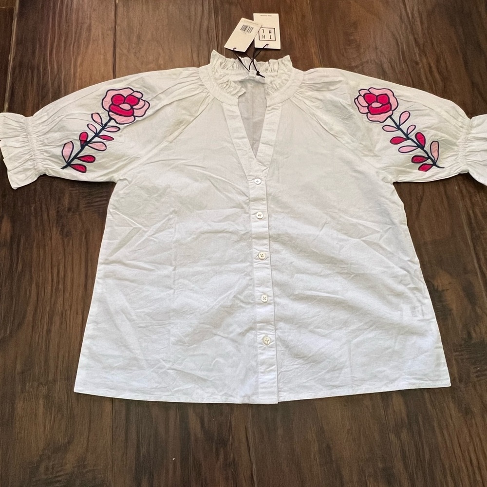 White Button Down Shirt with Pink Floral Embroidery